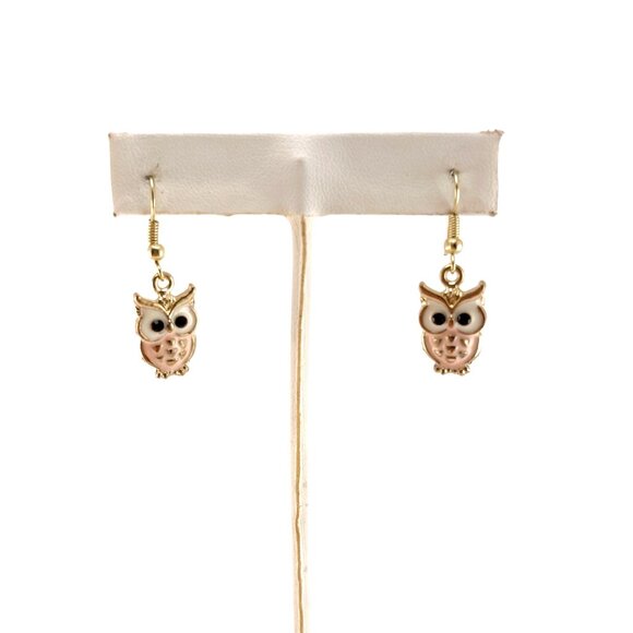 Adorable Owl Dangle Earrings With Pink & White Enamel Accents Gold-Tone Hooks Li - Picture 4 of 6